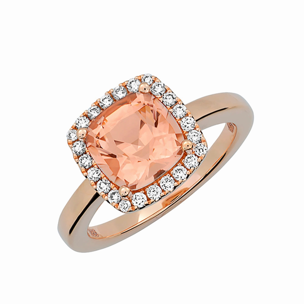 Glamorous Craft Gorgeous Finish 14K rose gold ring presenting an 8mm century-cut Chatham lab grown champagne sapphire with a halo of Chatham lab grown diamonds.