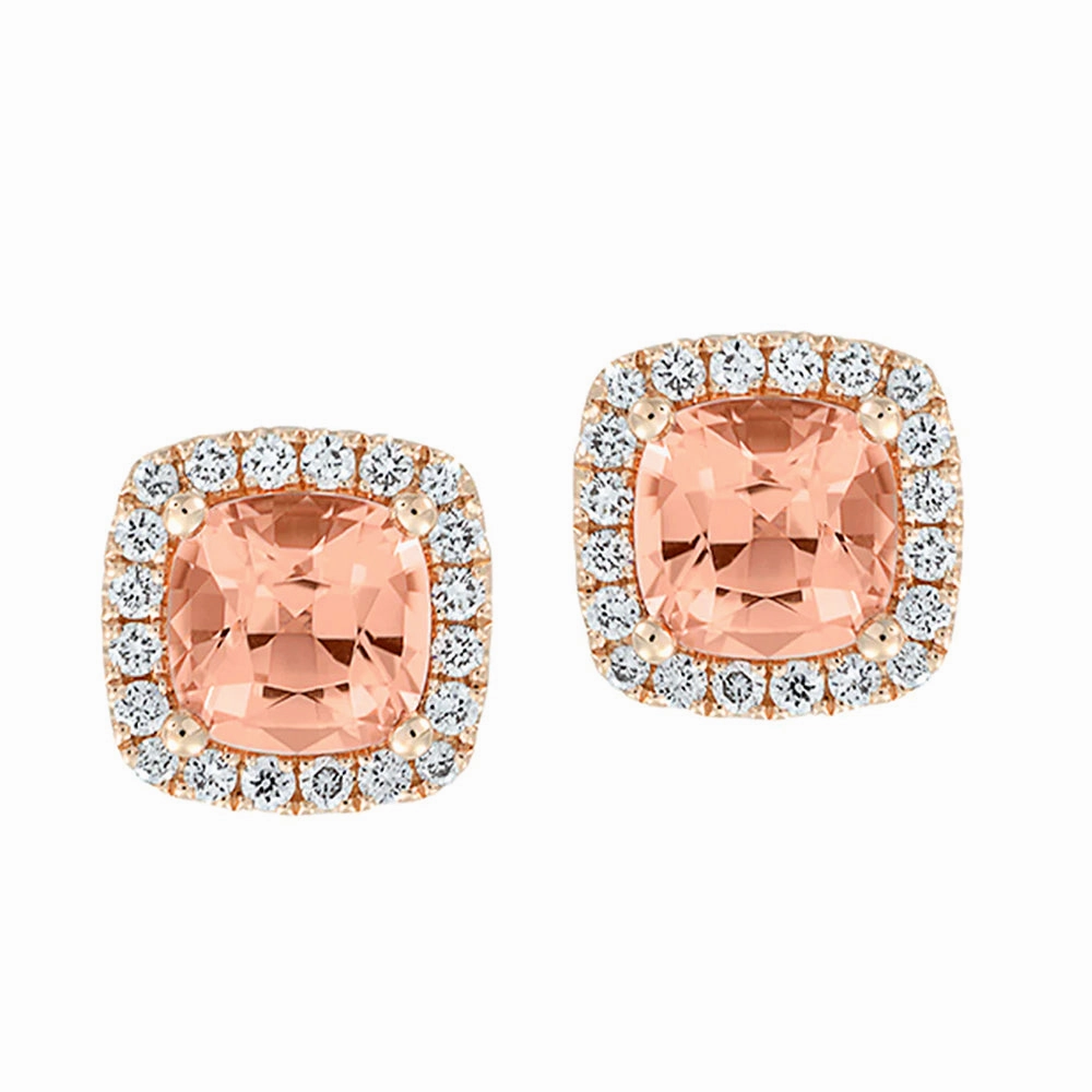 14K rose gold stud earrings featuring Chatham lab grown champagne sapphire with Chatham lab grown diamonds. Boho Charm Trendy Charm