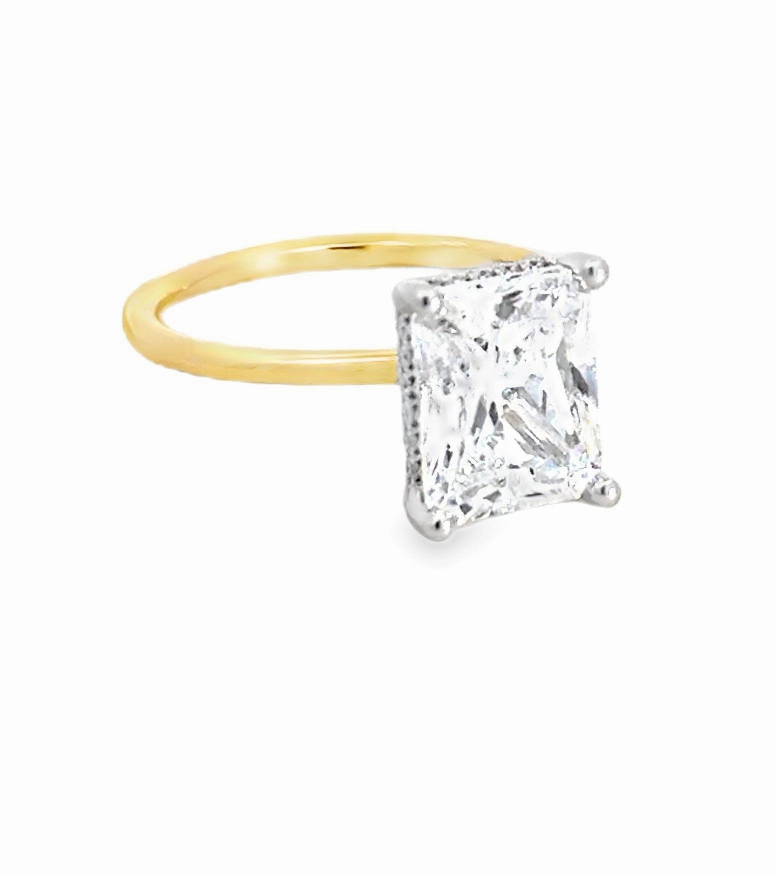 Premium Article Customizable Look 14K Two Tone Radiant Cut Diamond Engagement Ring with Accenting Diamonds