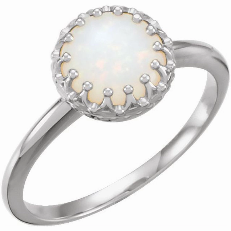 14K White 8 mm Natural White Opal Crown Cabochon Ring Creative Piece