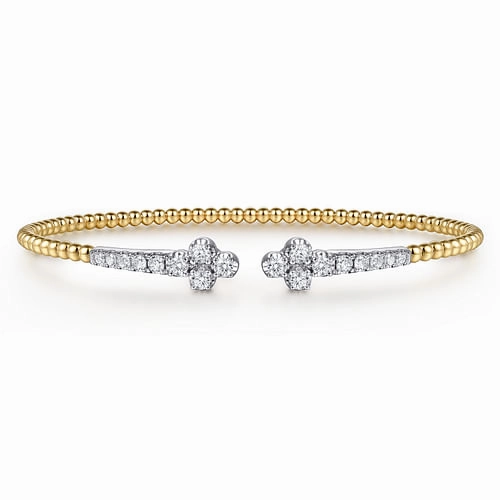 Timeless Detailing Stunning Style 14K White & Yellow Gold Bujukan and Diamond Clover Open Bangle Bracelet
