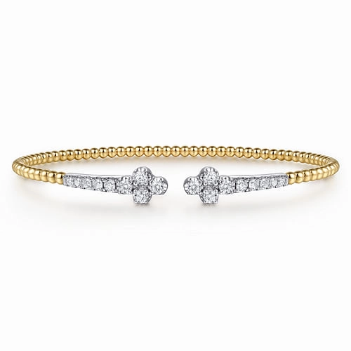 Romantic Edge 14K White & Yellow Gold Bujukan and Diamond Clover Open Bangle Bracelet