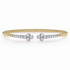 Timeless Detailing Stunning Style 14K White & Yellow Gold Bujukan and Diamond Clover Open Bangle Bracelet
