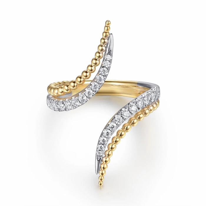 Modern Touch 14K White & Yellow Gold Bujukan and Diamond Double Row Bypass Ring