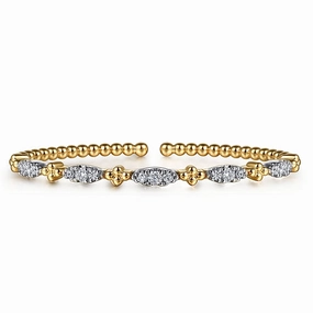 14K White & Yellow Gold Bujukan Beads and Diamond Station Split Bangle Bracelet Office Vibe