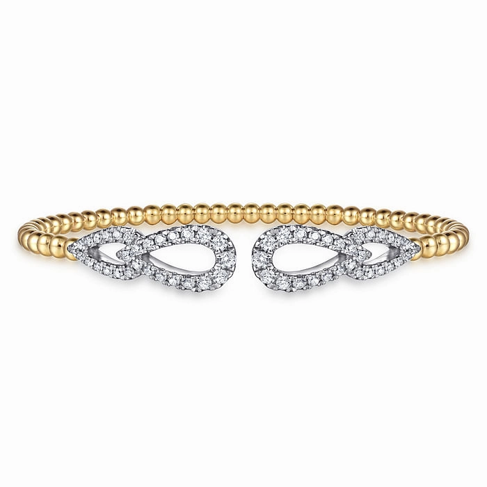 Sleek Finish 14K White and Yellow Gold Bujukan and Diamond Double Teardrop Open Bangle Bracelet