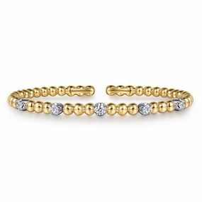 Stylish Shape Premium Form 14K White and Yellow Gold Bujukan and Diamond Station Split Bangle Bracelet