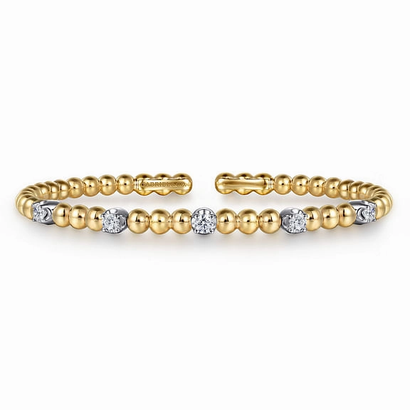 Stylish Shape Premium Form 14K White and Yellow Gold Bujukan and Diamond Station Split Bangle Bracelet