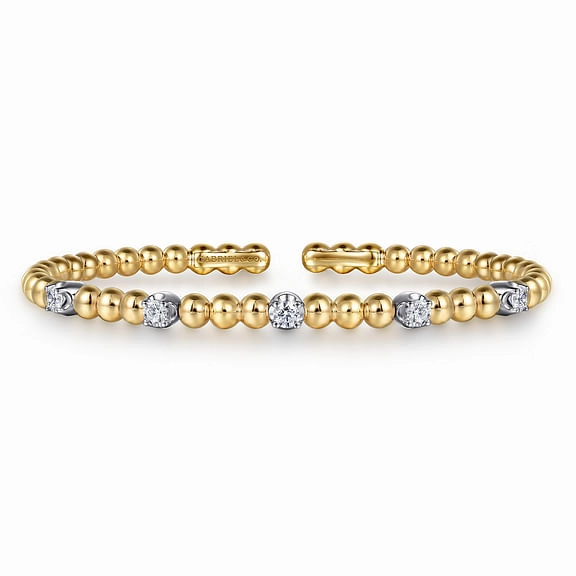 14K White and Yellow Gold Bujukan and Diamond Station Split Bangle Bracelet Elegant Outline