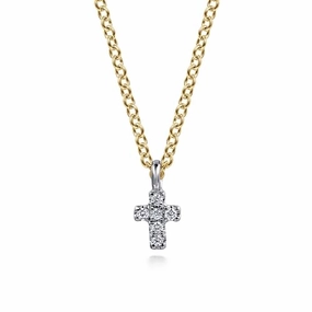 Distinctive Piece 14K White and Yellow Gold Mini Diamond Cross Necklace