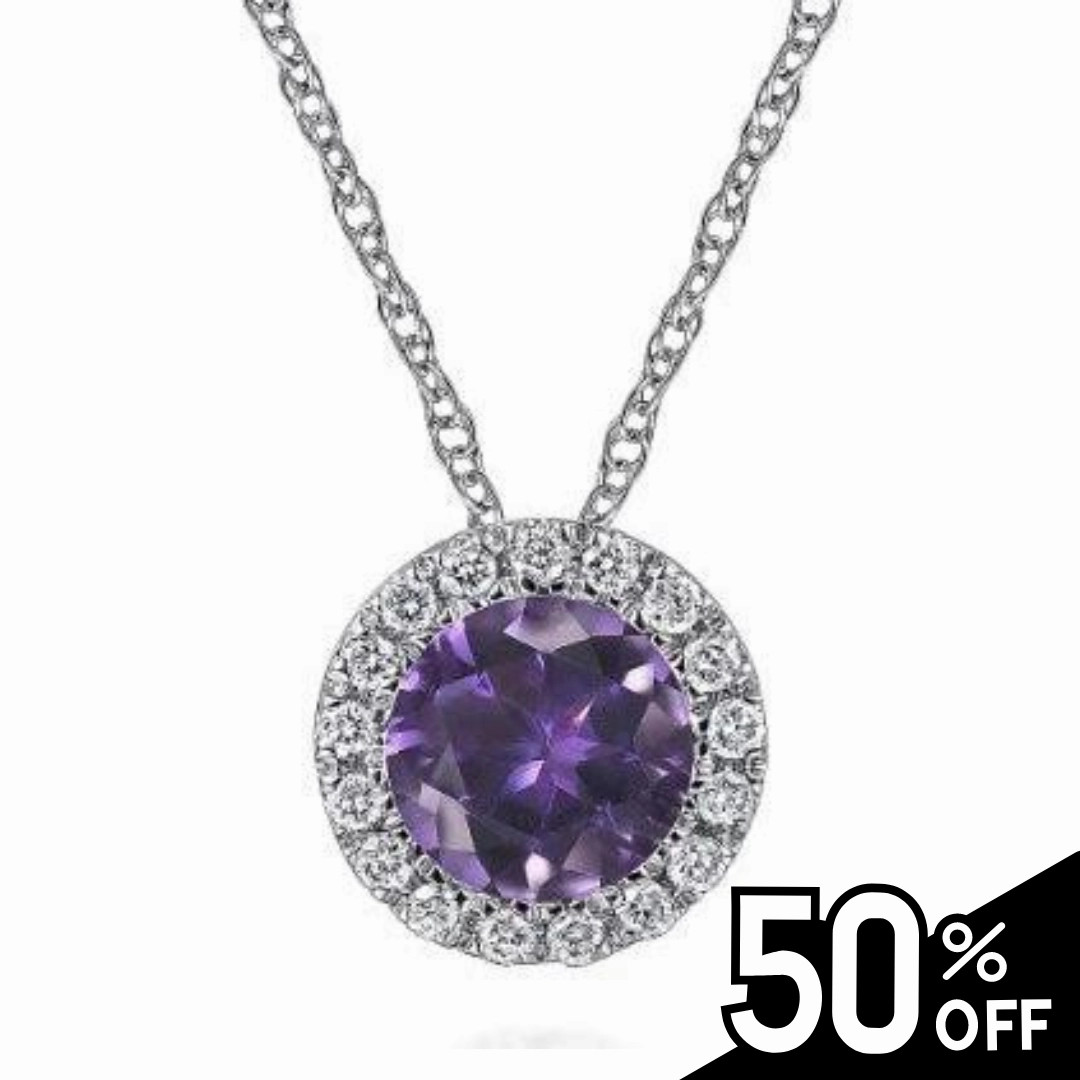 14K White Gold Amethyst and Diamond Halo Pendant Necklace Glam Finish Custom Style