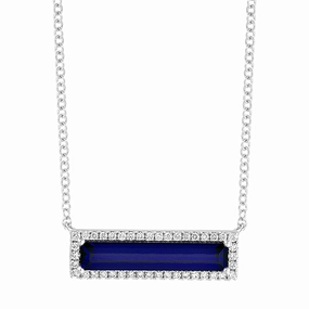 Mature Style 14K white gold bar Necklace featuring an elongated baguette Chatham lab grown sapphire and Chatham lab grown diamond accents.