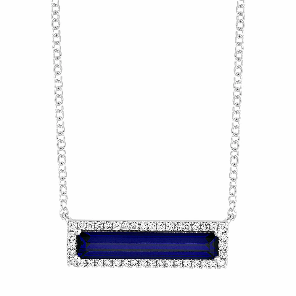 Mature Style 14K white gold bar Necklace featuring an elongated baguette Chatham lab grown sapphire and Chatham lab grown diamond accents.