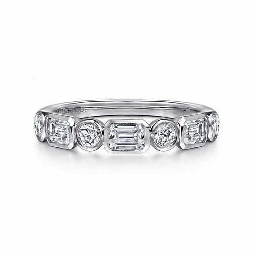 14K White Gold Bezel Set Emerald Cut and Round Diamond Anniversary Band Subtle Vibe