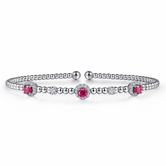 14K White Gold Bujukan Bead Cuff Bracelet with Rubies and Diamond Halo Stations Charming Edge Luminous Look