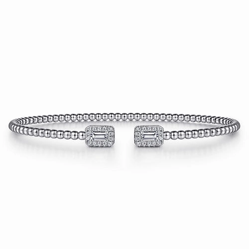 Trendy Fashion Work Friendly 14K White Gold Bujukan Open Cuff Bracelet with Diamond Baguettes