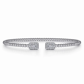 Trendy Fashion Work Friendly 14K White Gold Bujukan Open Cuff Bracelet with Diamond Baguettes