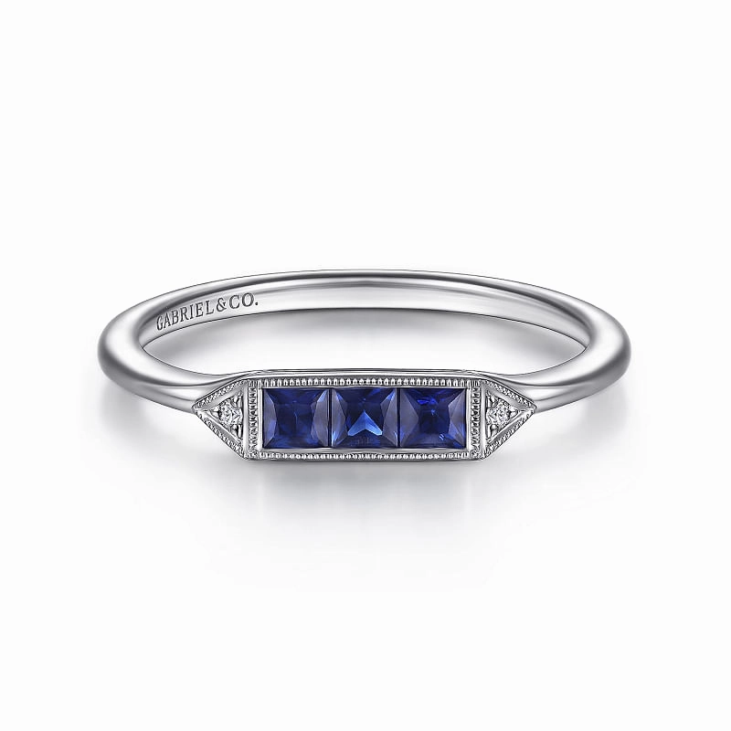 14K White Gold Diamond and Trio Princess Cut Sapphire Ladies Ring Rich Shine Timeless Contour