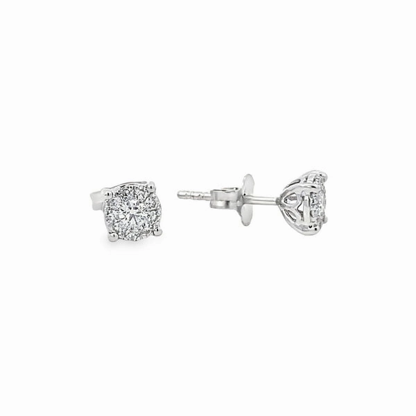 14K White Gold Diamond Cluster Stud Earrings - 0.30ct Delicate Charm Handmade Beauty
