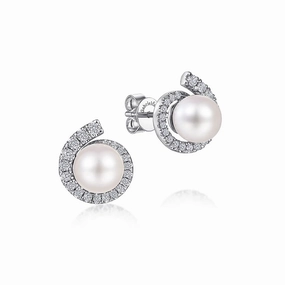 14K White Gold Pearl Stud Earrings with Diamond Halo Glittering Craft