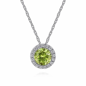 14K White Gold Peridot and Diamond Halo Pendant Necklace Graceful Highlight