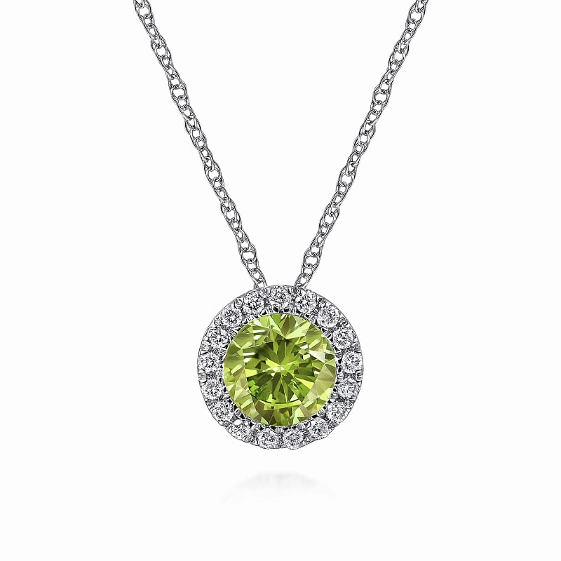 14K White Gold Peridot and Diamond Halo Pendant Necklace Graceful Highlight