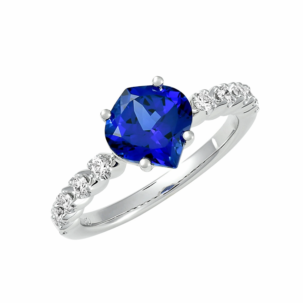 14K white gold ring featuring an 8.5x8mm onion-cut Chatham lab grown blue sapphire and Chatham lab grown diamond accents. Creative Edge Casual Elegance