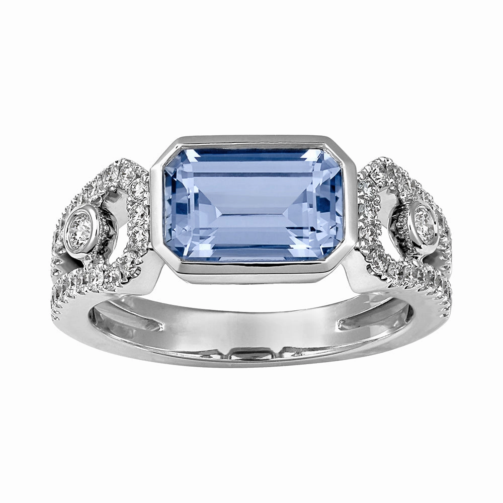 Travel Essential 14K white gold ring featuring an emerald-cut Chatham lab grown aqua blue spinel with Chatham lab grown pav?? diamond accents.