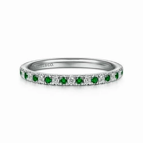 14K White Gold Thin Stackable Emerald and Diamond Ring Bold Look
