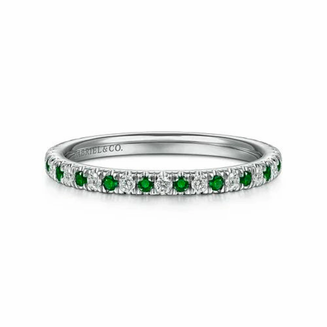 14K White Gold Thin Stackable Emerald and Diamond Ring Bold Look