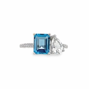 14K White Gold Two-Stone Blue and White Topaz Diamond Ring Urban Style Graceful Form