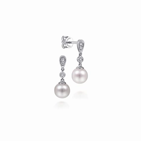 Minimalist Accent Muted Elegance 14K White Gold Vintage Inspired Style Diamond Pearl Drop Earrings