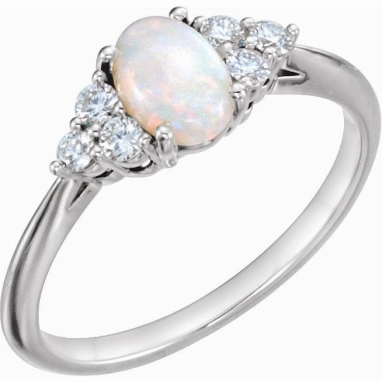 14K White Natural White Opal & 1/6 CTW Natural Diamond Ring Luxury Outline Excellent Ornament