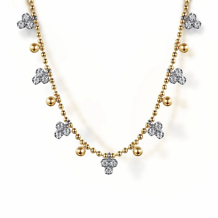 Evening Glamour Formal Style 14K White Yellow Gold Bujukan Beads and Diamond Droplet Necklace