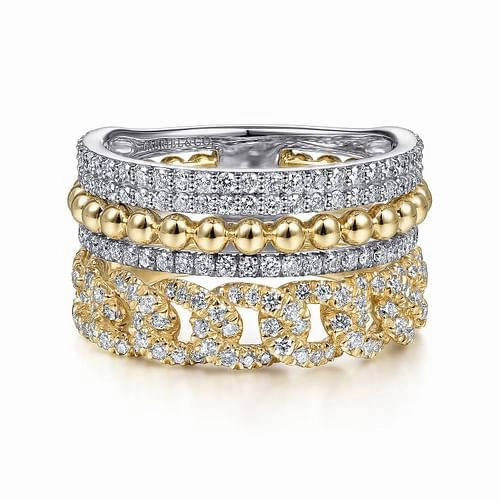 14K White-Yellow Gold Bujukan Diamond Easy Stackable Ring Fashion Collection