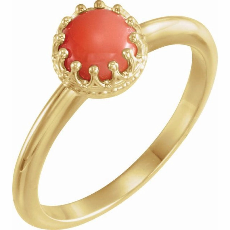 Strong Adornment Creative Product 14K Yellow 6 mm Natural Pink Coral Crown Cabochon Ring