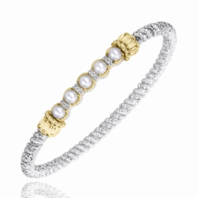 Flawless Touch 14K Yellow Gold and Sterling Silver Diamond Pearl Bangle Bracelet