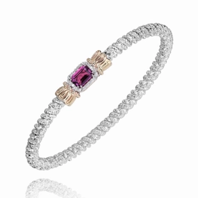 Classic Duo Shiny Style 14K Yellow Gold and Sterling Silver Diamond Rhodalite Garnet Bangle Bracelet