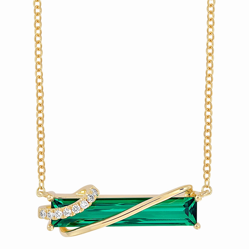 Day Look 14K yellow gold bar necklace featuring an elongated baguette Chatham lab grown emerald with Chatham lab grown diamond accents.
