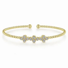 14K Yellow Gold Bujukan Bead Cuff Bracelet with Three Quatrefoil Diamond Stations Vintage Style Glittering Craft