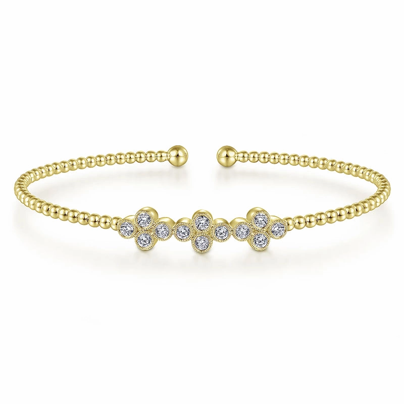 14K Yellow Gold Bujukan Bead Cuff Bracelet with Three Quatrefoil Diamond Stations Vintage Style Glittering Craft