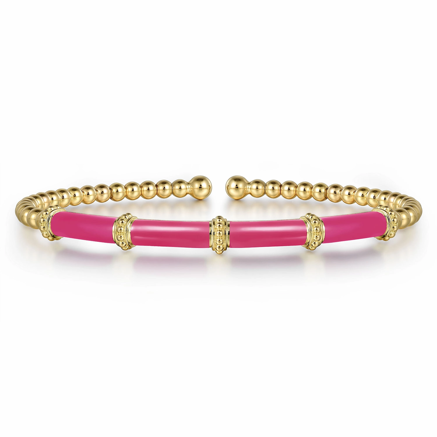 Casual Style Shiny Jewelry Design 14K Yellow Gold Bujukan Beads Split Bangle with Fuchsia Enamel Accent
