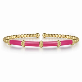 Casual Style Shiny Jewelry Design 14K Yellow Gold Bujukan Beads Split Bangle with Fuchsia Enamel Accent