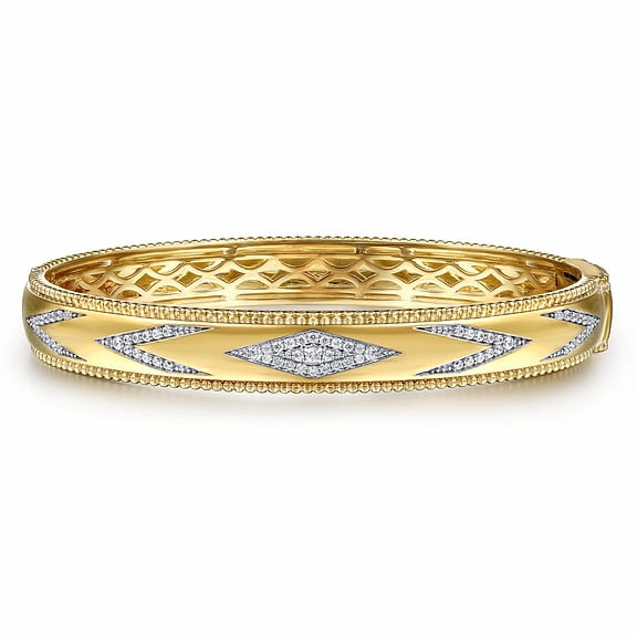 14K Yellow Gold Bujukan Diamond Chevron Pattern Bangle Bracelet Luxury Element
