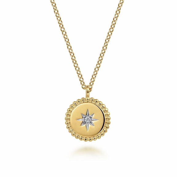 Fashion Accessory Polished Form 14K Yellow Gold Bujukan Medallion Necklace with Starburst Diamond Center