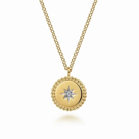 Fashion Accessory Polished Form 14K Yellow Gold Bujukan Medallion Necklace with Starburst Diamond Center