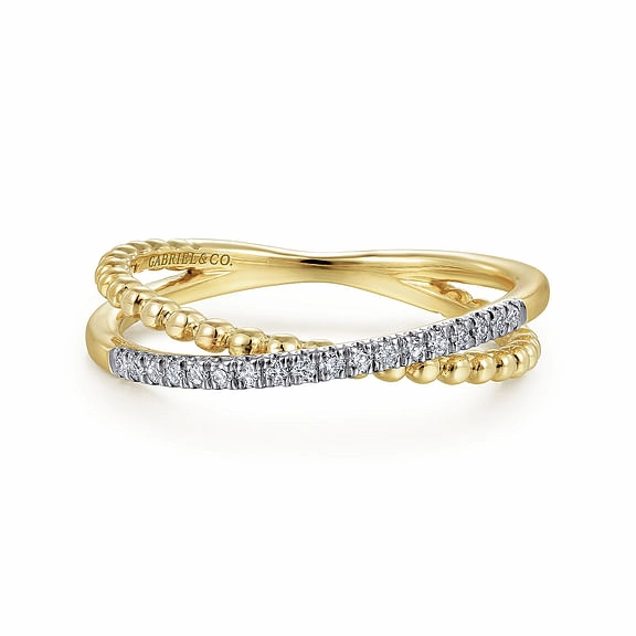Layer Friendly 14K Yellow Gold Bujukan Pave Diamond Criss Cross Stackable Ring