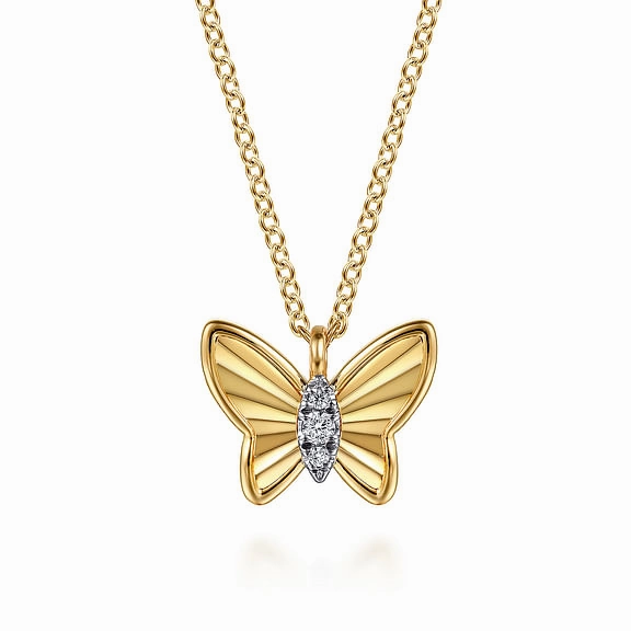 Fashion Essential Opulent Detail 14K Yellow Gold Butterfly Necklace With Diamond Cut Finish And Graduating Diamonds