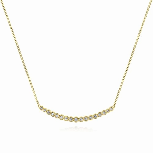 Glam Focus Gleaming Detail 14K Yellow Gold Curved Bar Necklace with Bezel Set Round Diamonds