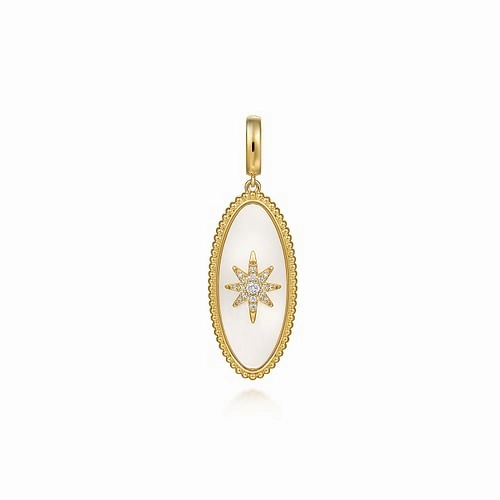 Effortless Layer 14K Yellow Gold Diamond and White Mother of Pearl Bujukan Oval Shape Medallion Pendant
